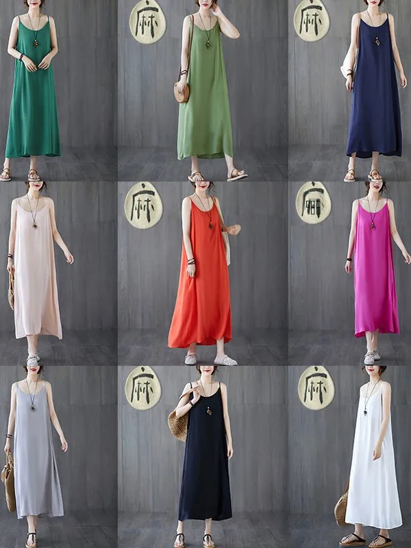 Camada de base feminina cinta dr verão novo artístico cor pura cinta longa dr solto a linha saia sle confortável casual dr