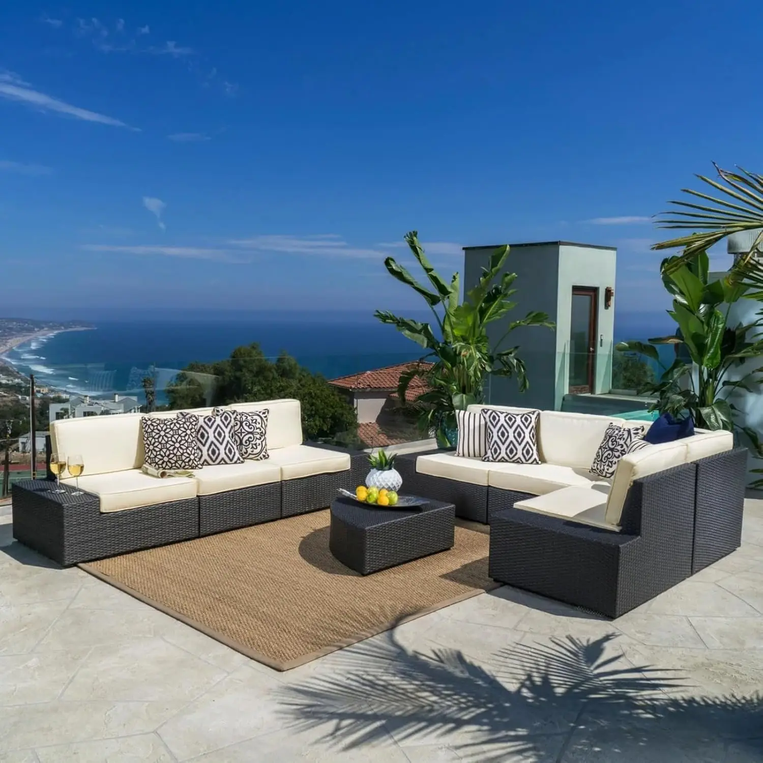 Outdoor Sectional Sofa Set, Fan Table, Removable Cushions, PE Rattan, Metal Frame, 2 Side Tables For Poolside & Lawn, Customized