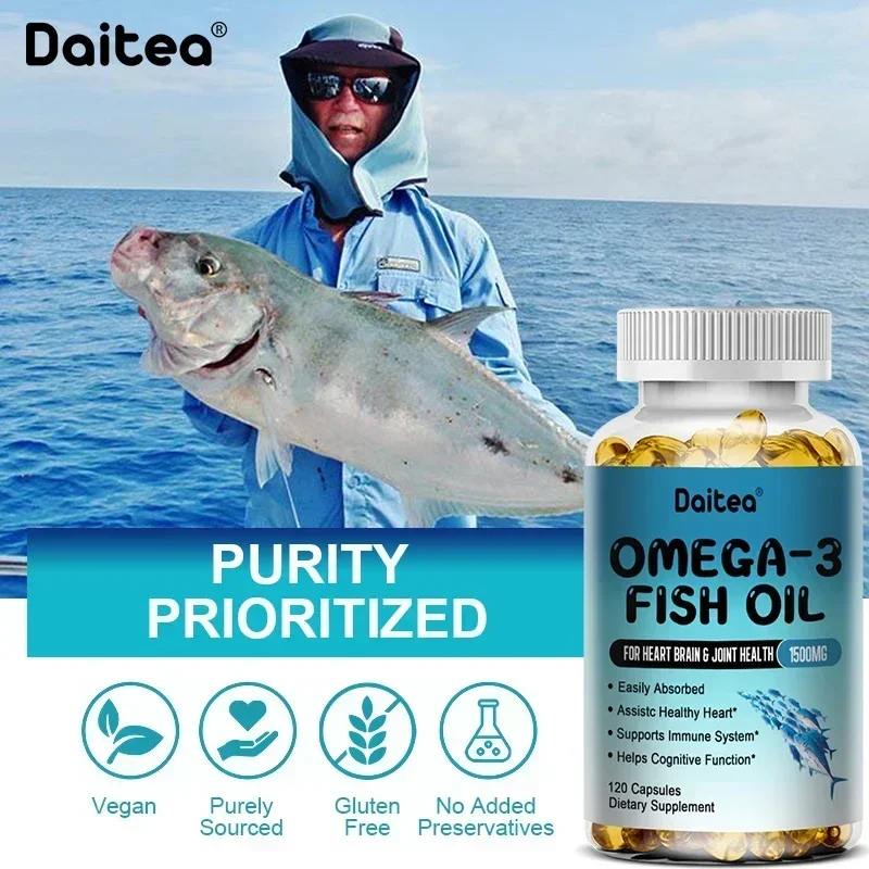 Daitea Omega-3 Fish Oil Supplement - Brain Function, Eye Health - Non-GMO, Flavorless, Easy To Swallow 120 Capsules