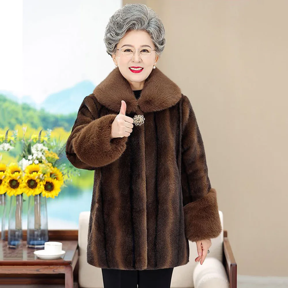 Middle-aged And elderly Women Mink Velvet Grandma Winter Fleece Warm Coat Fashion Noble Imitation Fur Long Mother Coat Tide.