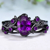 Elegant women's retro style purple gemstone ring gun black rose branch cross two-piece set classic wedding fashion jewelry