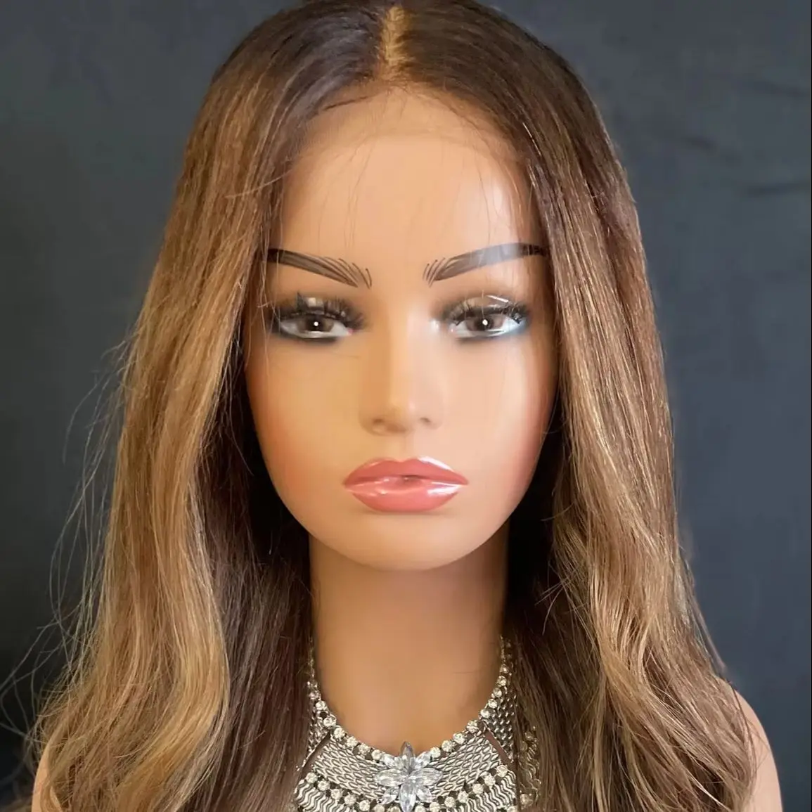 Ombre Chestnut Brown HD Wig Soft Body Wave Synthetic Lace Front Wig with Dark Roots Long Length Natural Hairline Costume Woman