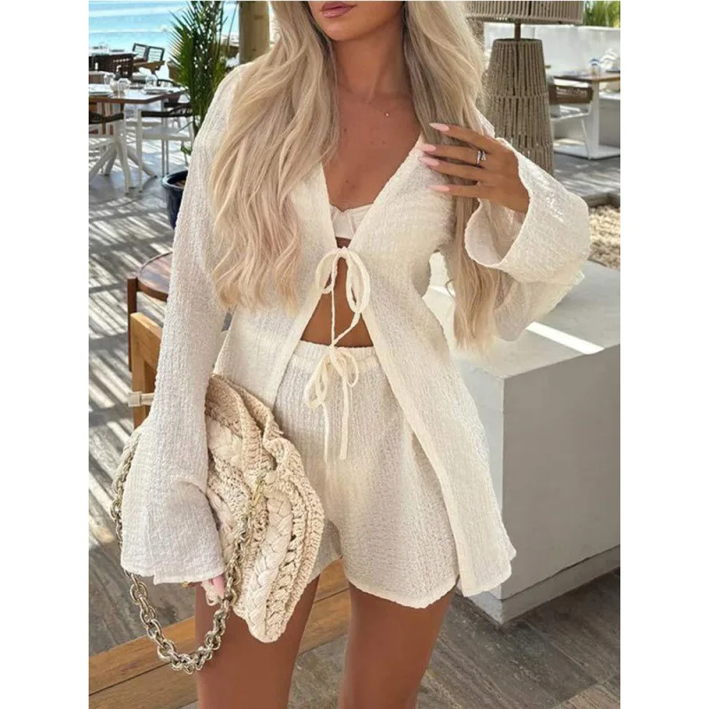 Simple Office Lady Female Shorts 2 Piece Sets Womens Outfits Summer Casual Shorts Two-piece Set Women Loose Hollowed Out Top