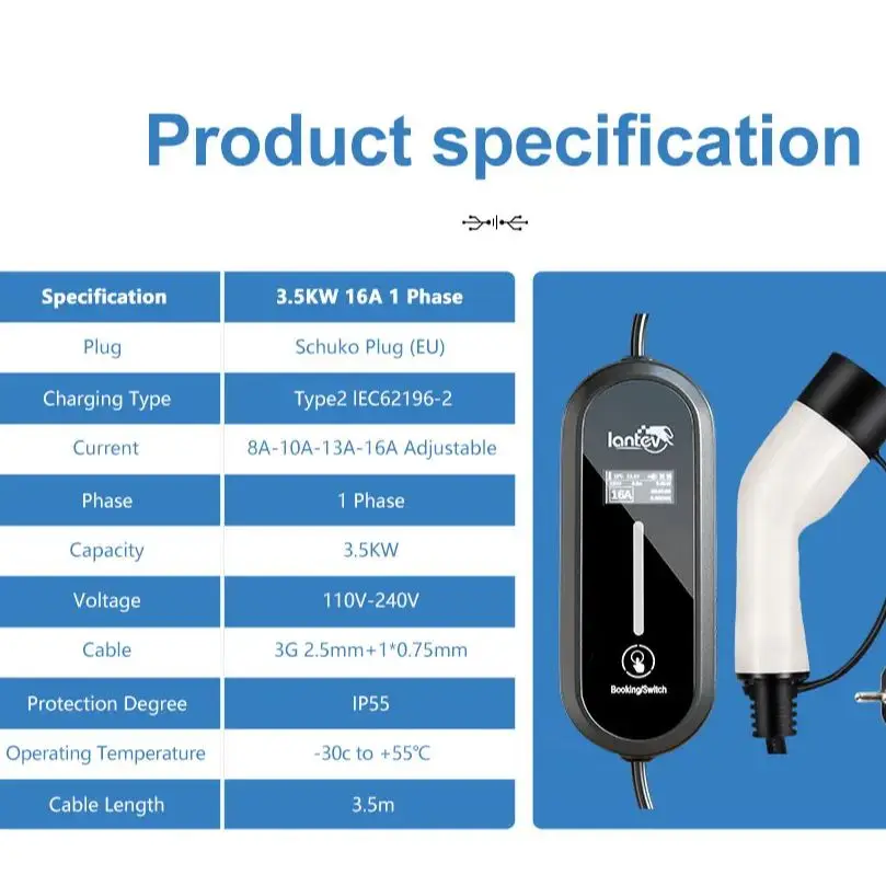 IANTEV MT10 PLUS caricabatteria per auto elettrica tipo 2 3.5KW EV cavo di ricarica tipo 1 stazione di ricarica EV Wallbox EVSE