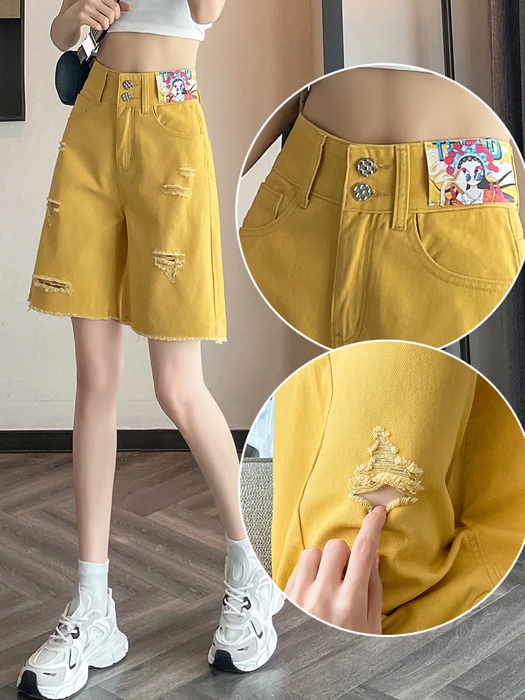 Jeans strappati super hot pantaloni da donna a gamba larga di media lunghezza estivi stile sottile nappa a vita alta pantaloncini gialli a 5 punti