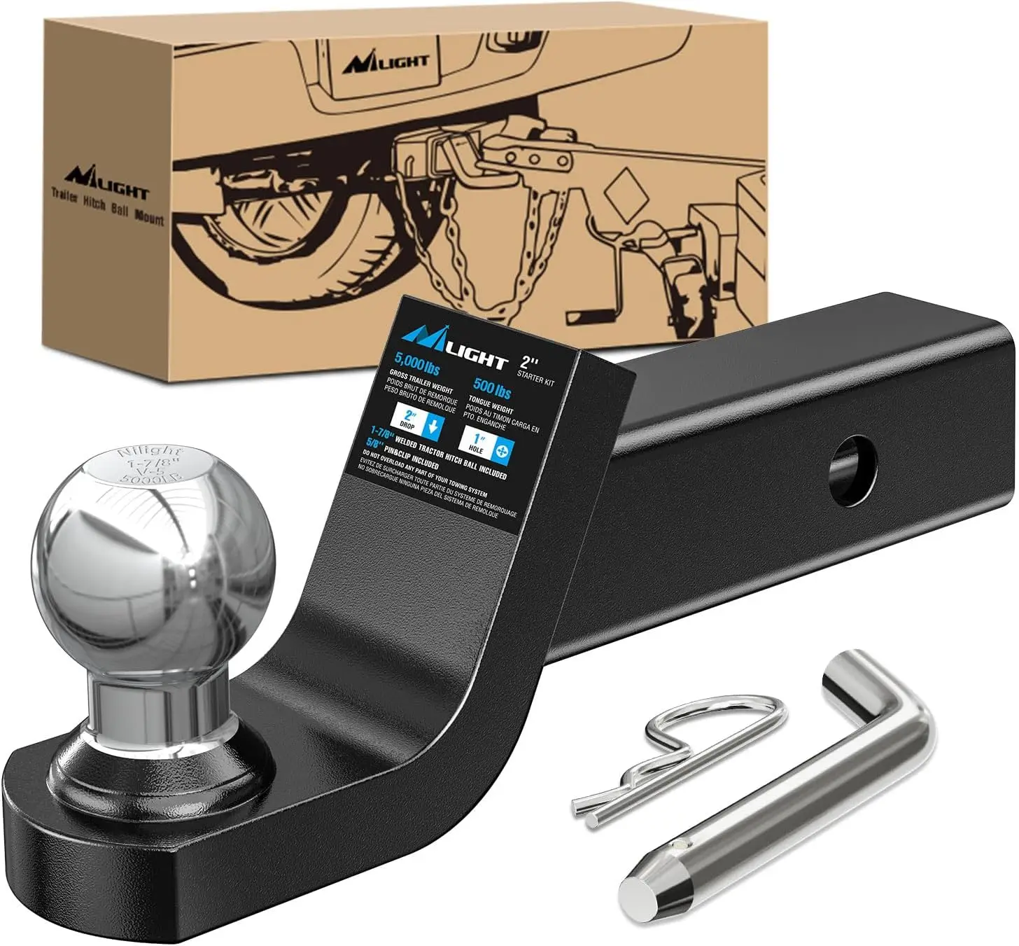 

Heavy Duty Trailer Hitch Mount with 1-7/8 Inch Ball & Pin, Fits 2 Inch Receiver, 5000 lbs Capacity