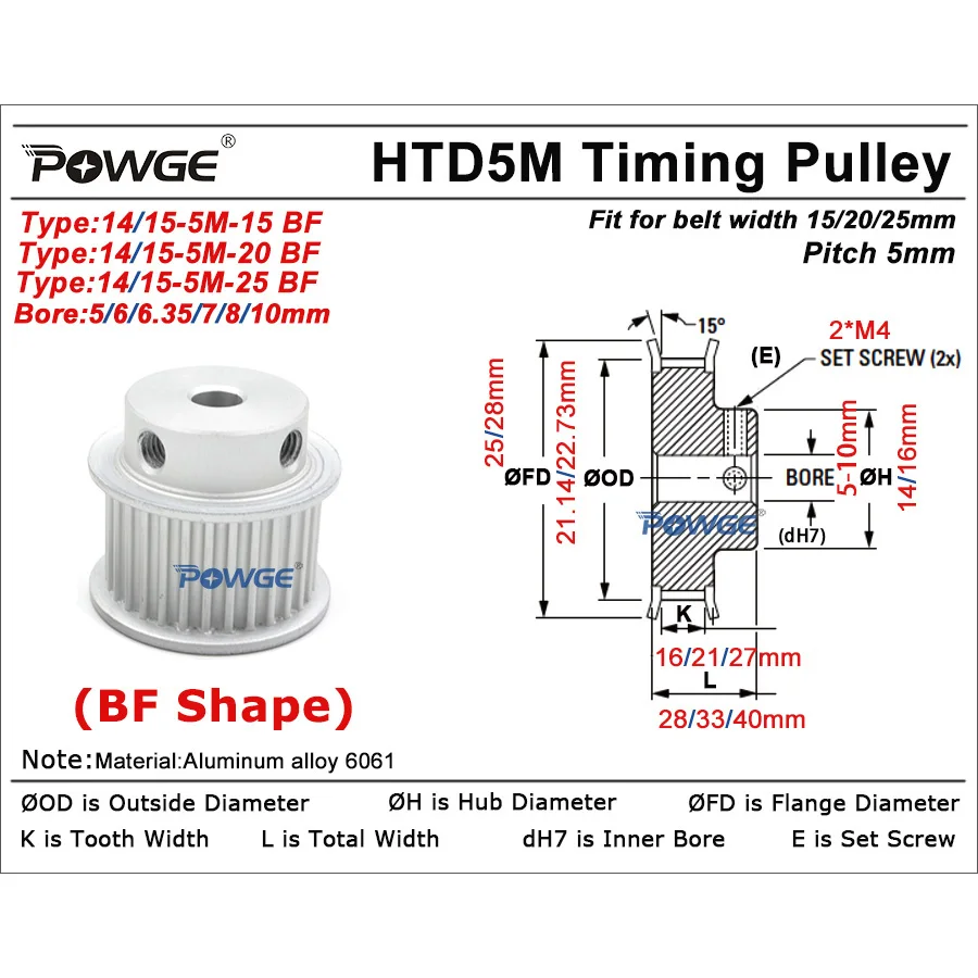 POWGE 10 12 14 15 teeth HTD 5M Timing Pulley BF Bore 5/6/6.35/7/8/10/12/14/15mm for HTD5M belt width 15/20/25mm 10T 12T 14T 15T