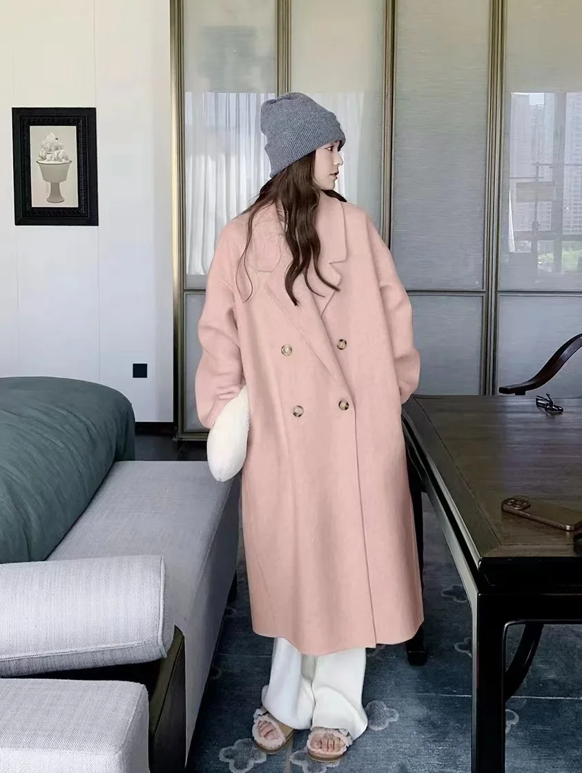 

2024 Autumn Winter New Double-sided Woolen Long Coat for Women Commuter Style High-Quality Woolen Solid Coats and Jackets Women