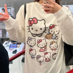 Hello Kitty Pure Cotton Cute Print Long Sleeved T-shirt Female Loose Fitting Casual Top Korean Style Simple Trend Versatile Tees