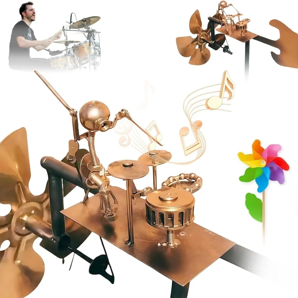 Garden Rock Band Windmill Handmade Metal Drummer Windmill Garden Decor for Lawn Patio Courtyard–Outdoor Percussionist Figurine