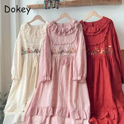 Vintage Embroidery Long Sleeve Kawaii Dress Women Autumn Japanese Mori Girl Cotton Linen Maxi Dress Casual Lace Ruffled Vestidos