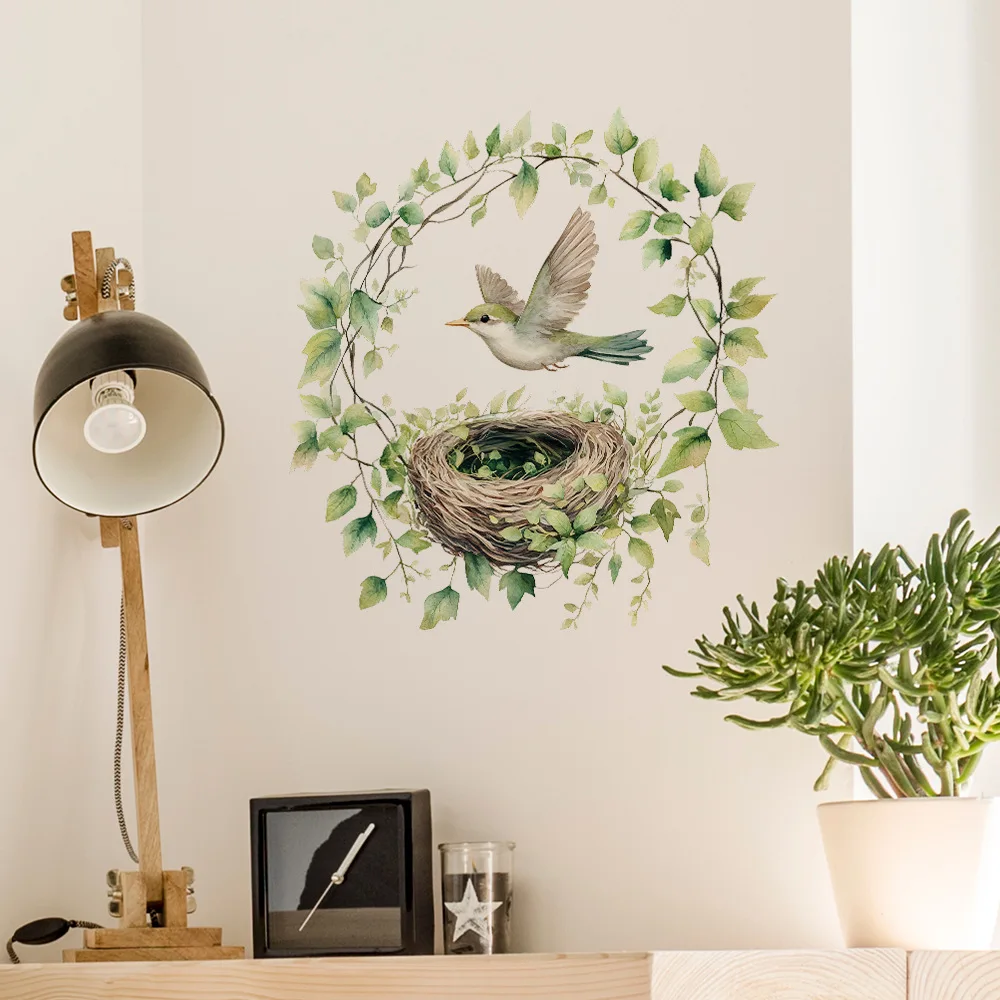 Cute Bird's Nest Green Leaf Vine Bird Wall Stickers for Living Room Bedroom Home Background Wall Decoration Self-adhesive Decals