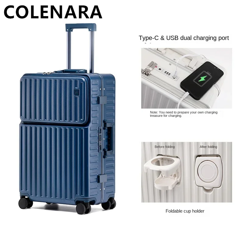 COLENARA ABS+PC Suitcase USB Charging Front Opening Boarding Case 20"24"26 Inch Laptop Trolley Case Carry-on Travel Luggage