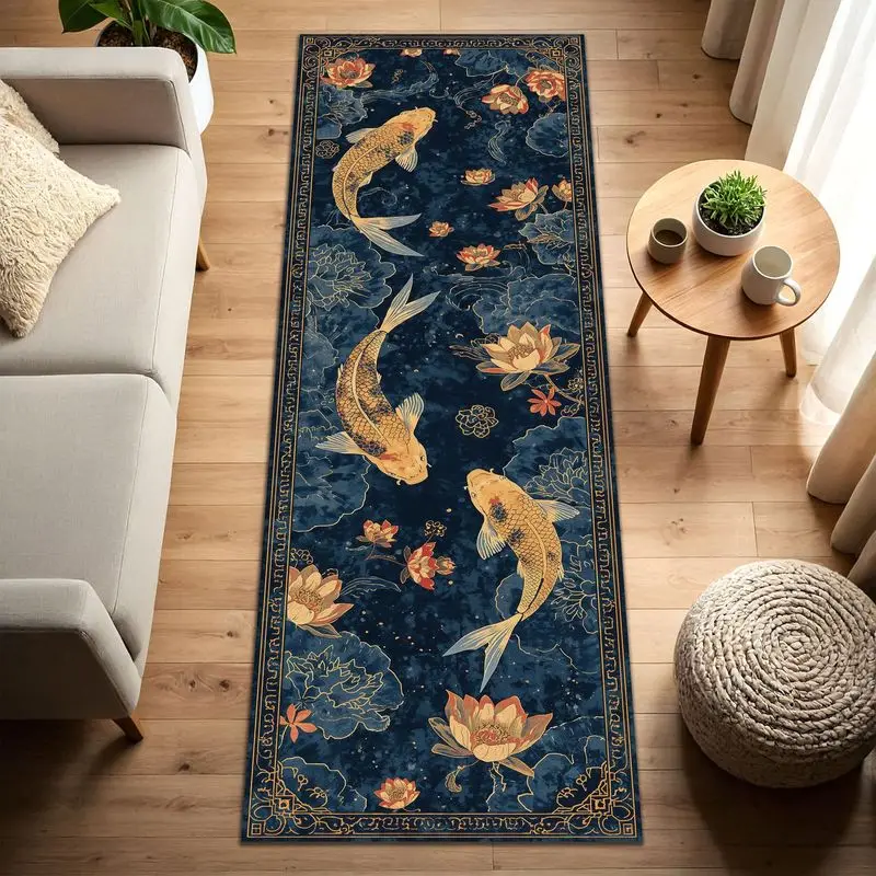 VIKAMA Chinese Koi Lotus Runner Rug, Oriental Non Slip Hallway Carpet For Entryway Indoor Home Decor Floor Mat