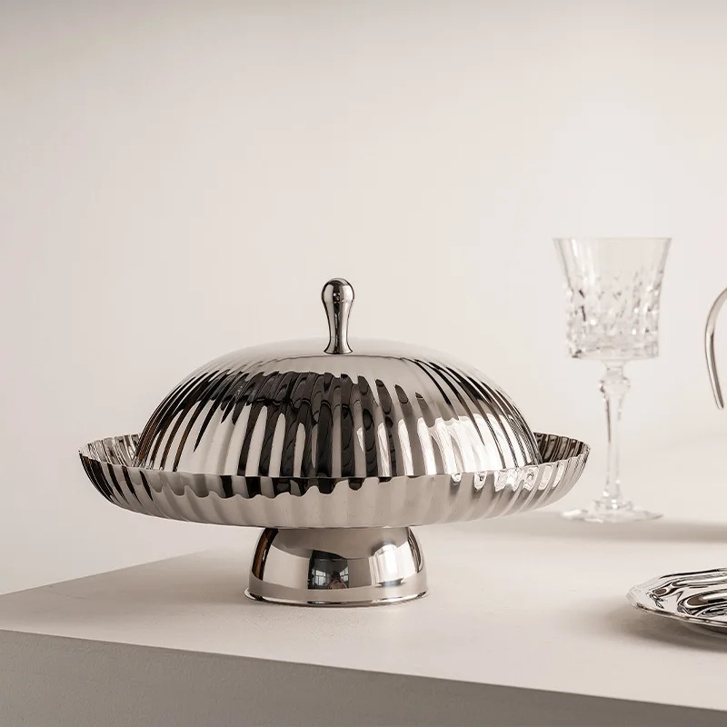 

European stainless steel meal tray with lid, fruit bread, snack cake plate, dustproof fruit plate, vegetable plate ornament