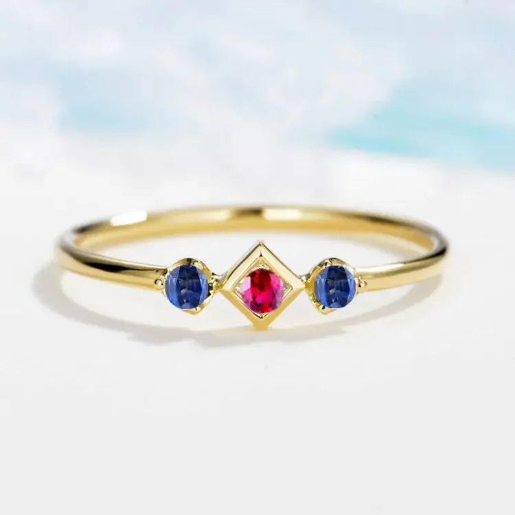 

Solid 14k Yellow Gold Ring Natural Ruby Sapphires 3-Stones Engagement Ring For Women Wedding Band Fine Jewelry Classic