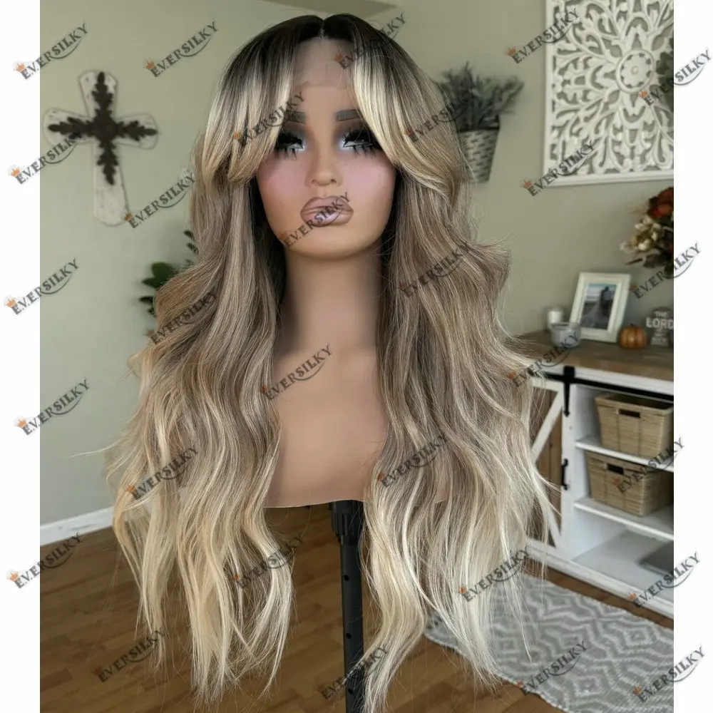 

Dark Roots Ombre Light Brown Full Lace Wig Human Hair With Curtain Bangs Loose Wave for White Women 13x6 Lace Frontal Wig