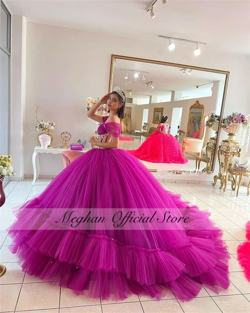 México púrpura fuera del hombro vestido para quinceañeras 2025 con cuentas de cristal corsé vestido de fiesta vestido de baile volantes dulce 16 personalizado