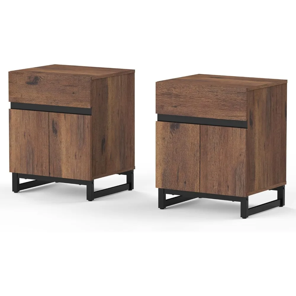 WAMPAT 2 Pack Modern End Table with 1 Drawer & 1 Storage Cabinet, Farmhouse Sofa Table with 2 Open Door, Wood Rustic Side End