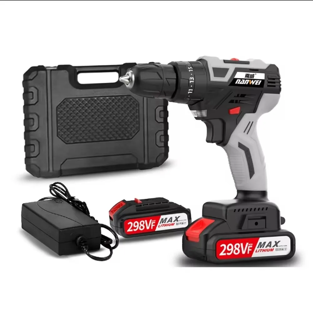 21V Cordless Impact Drill 10mm Variable Speed Electric Power Tool Kit for Home DIY Wood Metal Drilling
