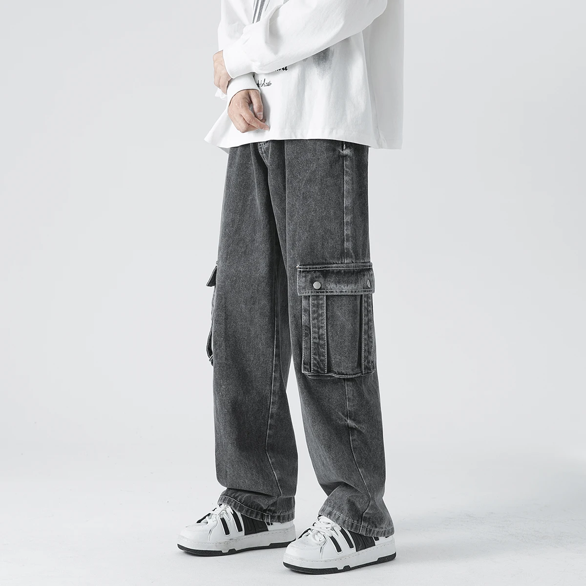 

Spring New Men's Denim Wide-leg Pants American Baggy Cargo Jeans Ins Multi-pocket Vintage Streetwear Trousers Grey Blue