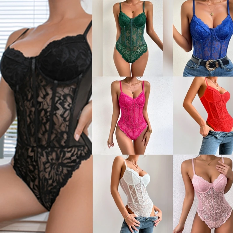 50JB Womens Flower Lace Sheer Korsetten Bodysuit Spaghetti Hemdje V-hals Top Sexy en Modieuze Lingerie