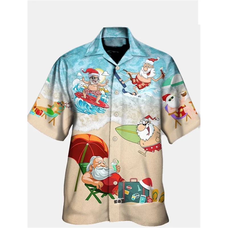 

Happy Santa Surfing 3D Printed Hawaiian Shirt Mens Woman Christmas Party Blouse Fashion Short Sleeve Button Lapel Shirts Tops
