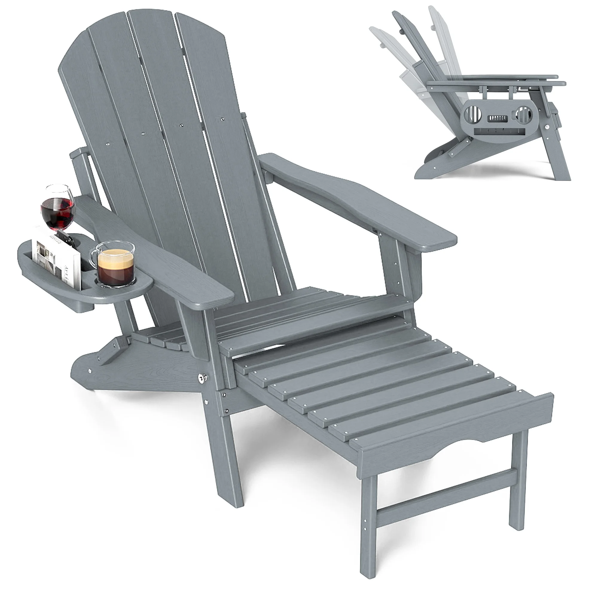Adjustable Adirondack Chair with Retractable Ottoman, HDPE Outdoor Patio Chair with 3 Reclining Positions, Folding Garden Lounge Chair with Detachable Side Tray for Yard, Porch, Deck