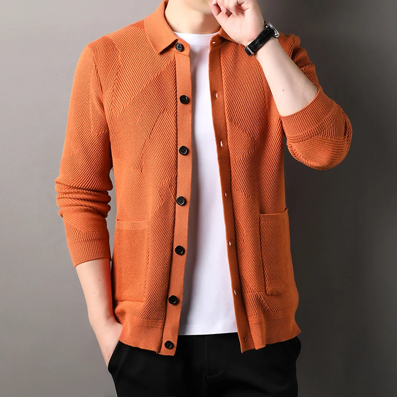 

Quality Luxury Men's Lapel Jacquard Knit Cardigan Autumn Winter New Solid Color Double Pocket Sweater Casual Commute Men's wear