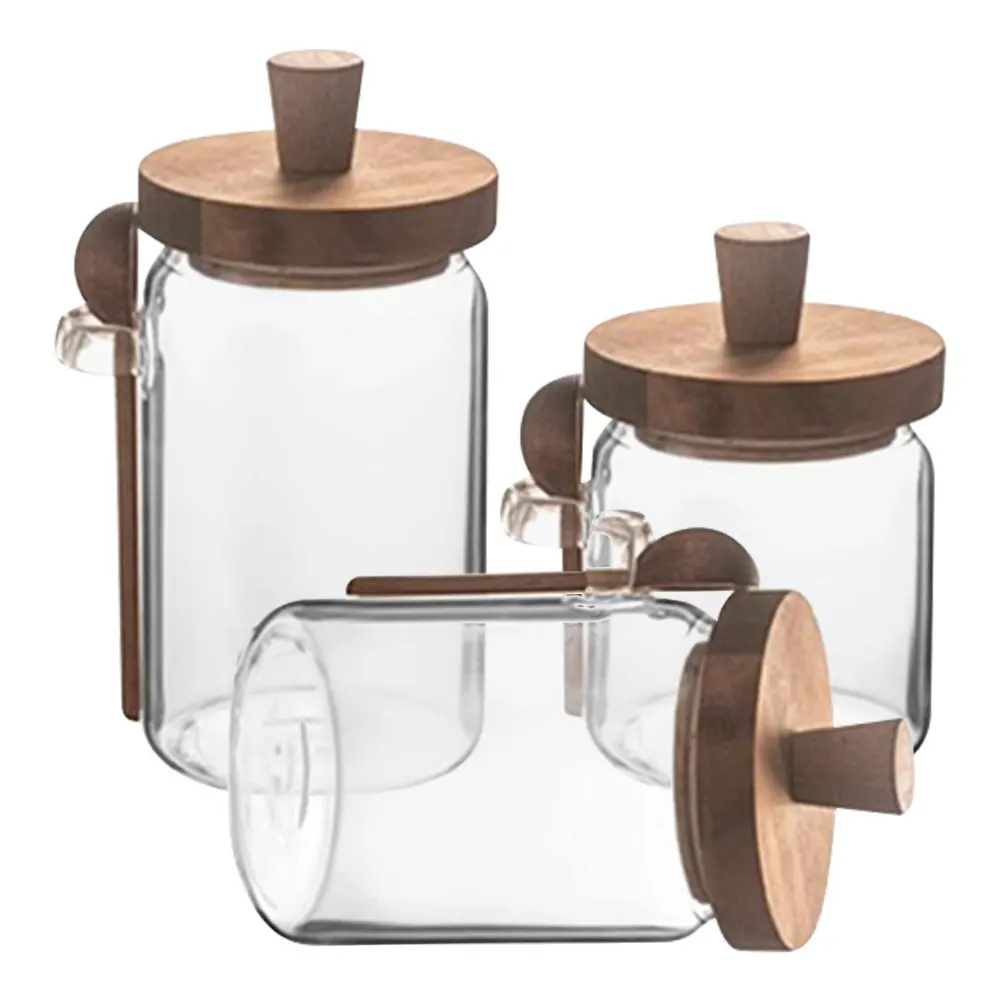 

3 Sizes Glass Spice Jars Wood Lid 400ml 550ml 850ml Kitchen Seasoning Containers Anti Moisture Sugar Salt Storage Holder