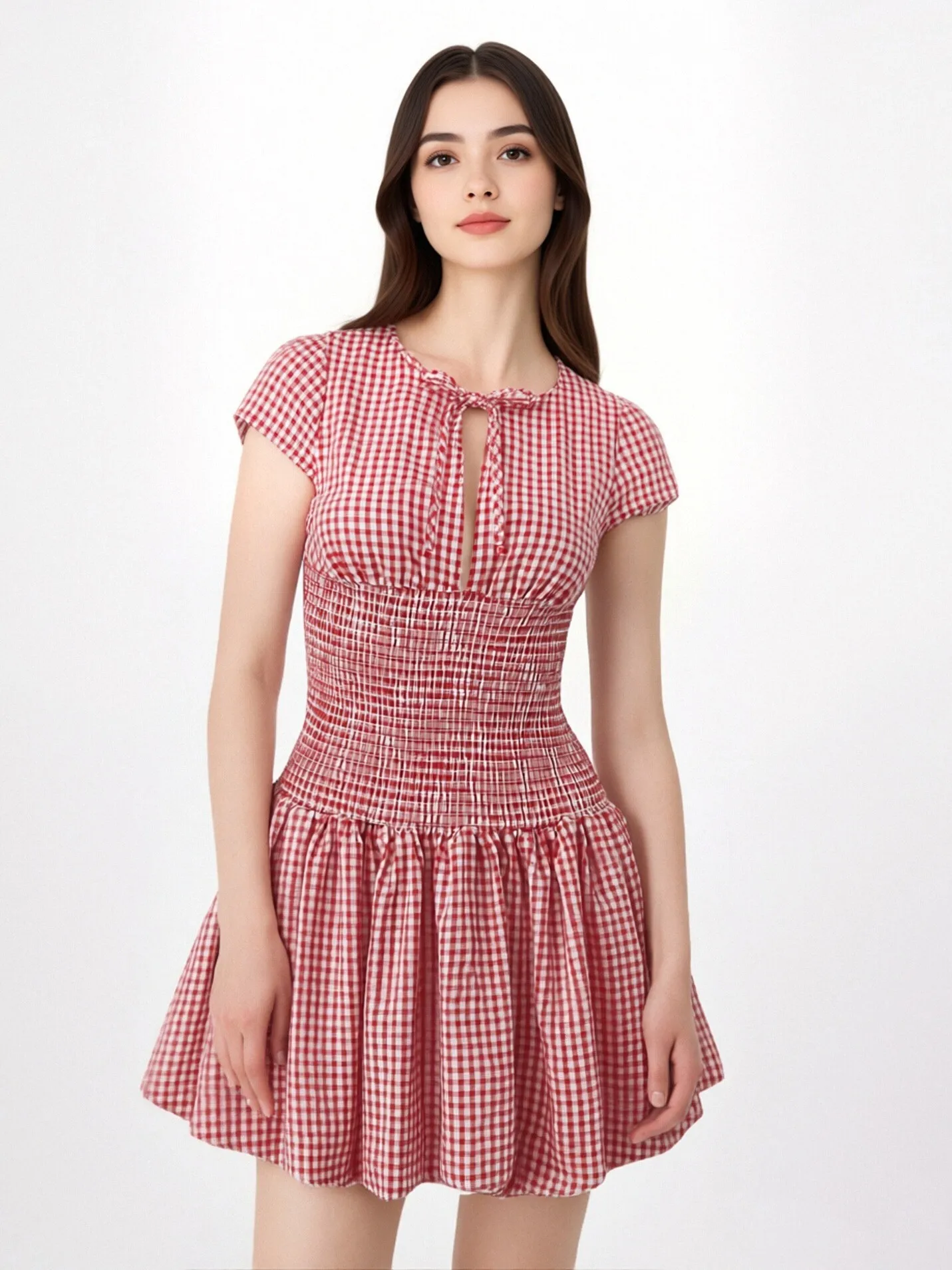 

Весна 2026: Женское приталенное платье в клетку с цветочным узором, с вырезами, с поясом, с коротким рукавом, круглым вырезом, повседневное, из полиэстера