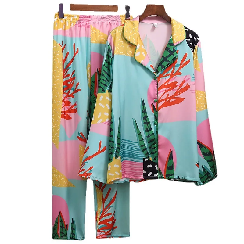 Novo conjunto de pijama feminino mão desenhada arte tropical plantas conjunto de pijama seda como pijamas roupa de casa longa roupa de dormir