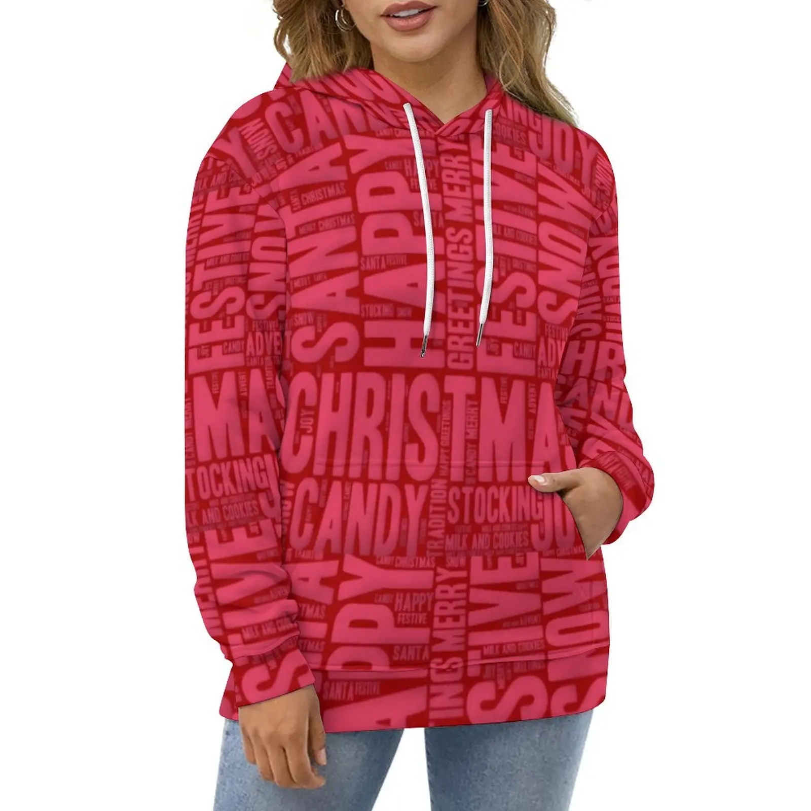 Christmas Word Art Hoodies Red and Pink Street Wear Casual Pullover Hoodie Long Sleeve Hooded Sweatshirts Birthday Present