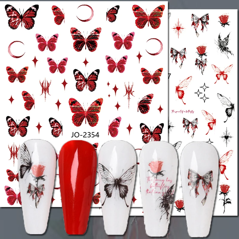 Nail Art Decals Ink Painting Black Red White Butterflys Roses Stars Back Glue Nail Stickers Decoration For Nail Tips Beauty