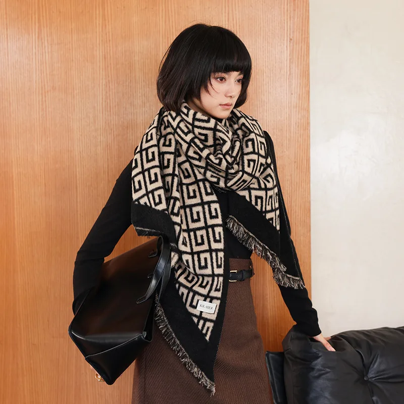 

Geometric Maze Fringed Soft Faux Cashmere Scarf Fashion Luxury Women Shawl Autumn Winter Soft Warm Neckerchief Long Muffler