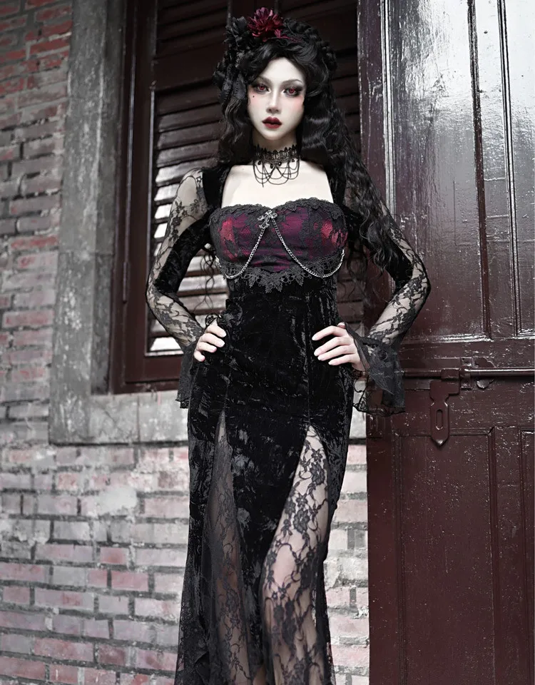 Original Rose Gothic Dark Red Slim High Waist Long Sleeve Long Dress Women's Niche Lace Slim Velvet Fishing Tail Dress Female