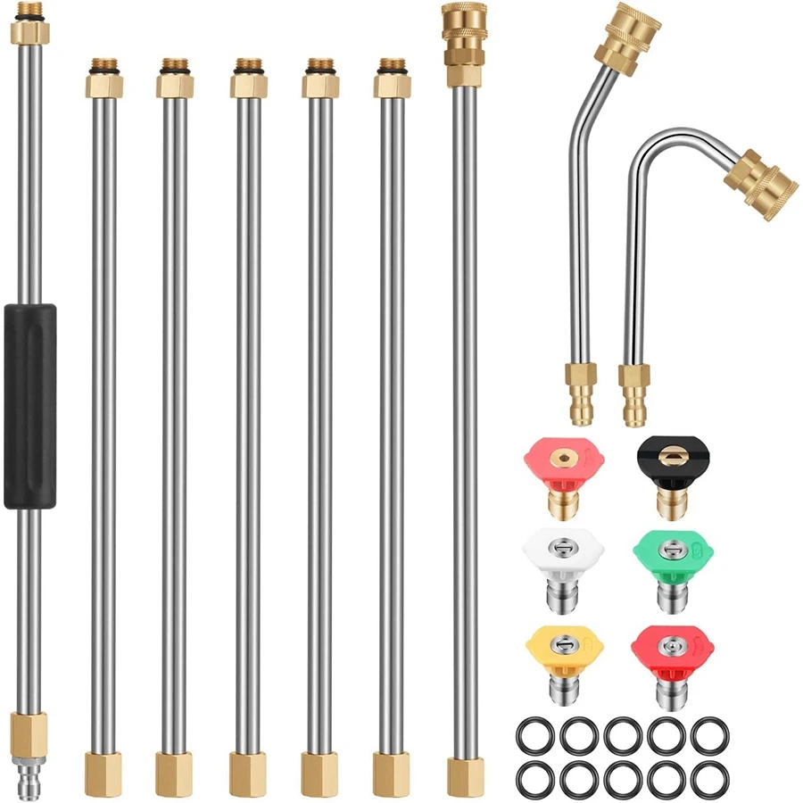 7 Pieces Pressure Extension 10Ft Replacement , Curved Rod 30 or 120 Degree, 6 Pieces Nozzle Tips