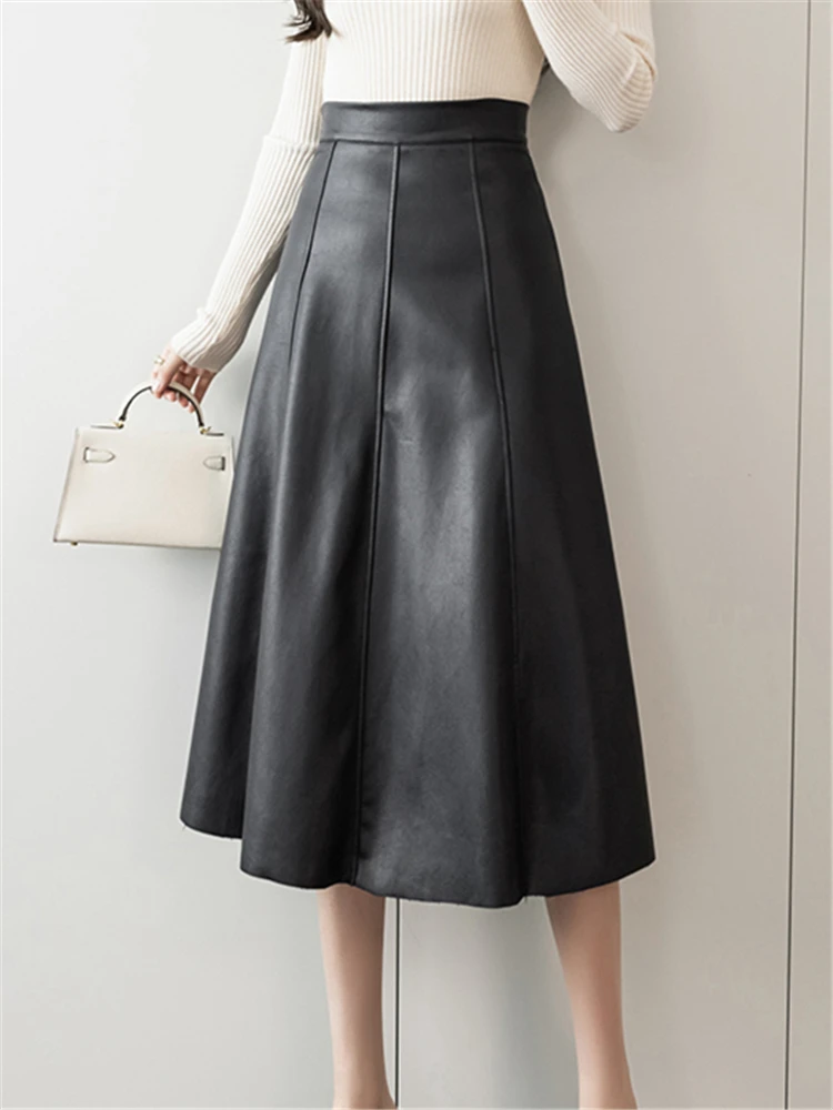 Seoulish Black Faux PU Leather Women\'s A-Line Skirts 2023 New Autumn Winter High Wasit Solid Chic Umbrella Office Skirts Female