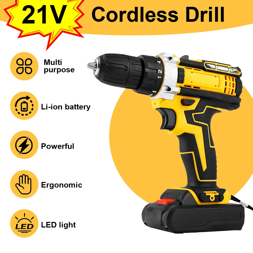 21V Cordless Drill 3/8 Inch Keyless Chuck Electric Drill Max Torque 25+1 Nm Electric Power Drill 1350RMP for Home DIY and Repair
