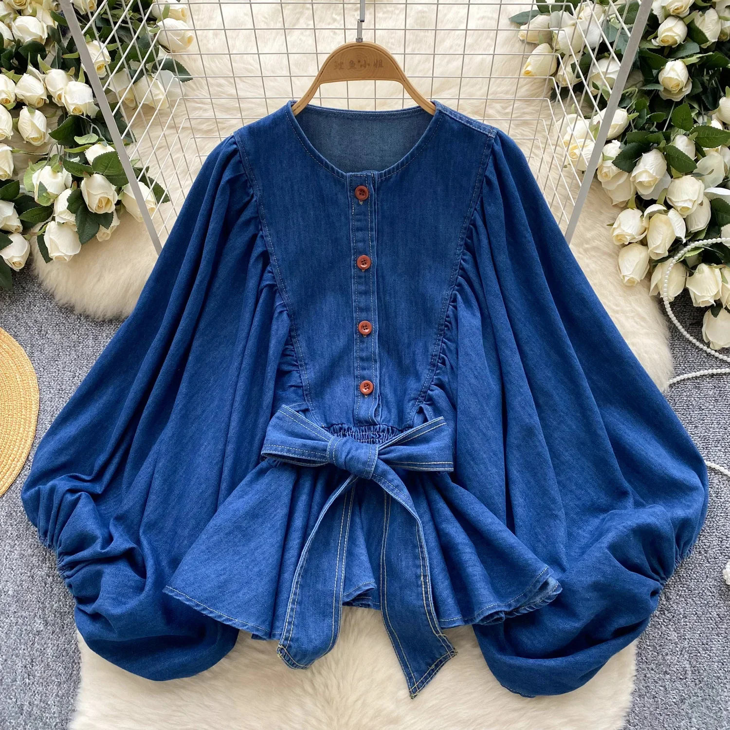 

Light Ripe Wind Cinched Waist Lantern-sleeve Denim Shirt,Ladies Spring New French Style Fashion Lotus Leaf Hem Down Denim Shirt