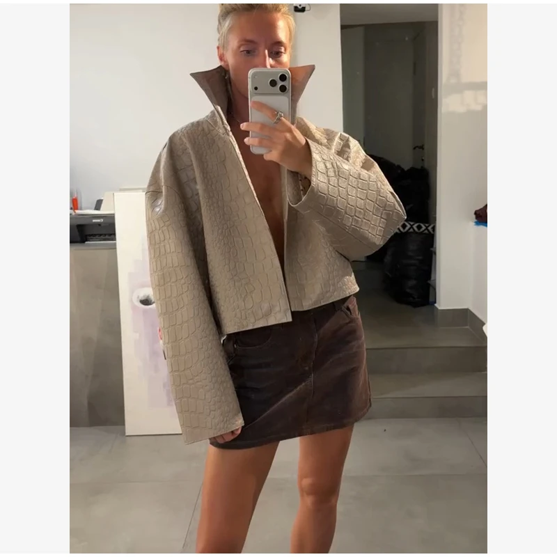 Women's Crocodile Pattern Short Leather Jacket Retro High Collar Zipper Loose Long Sleeve Jackets Lady Street Daily Wear 2026