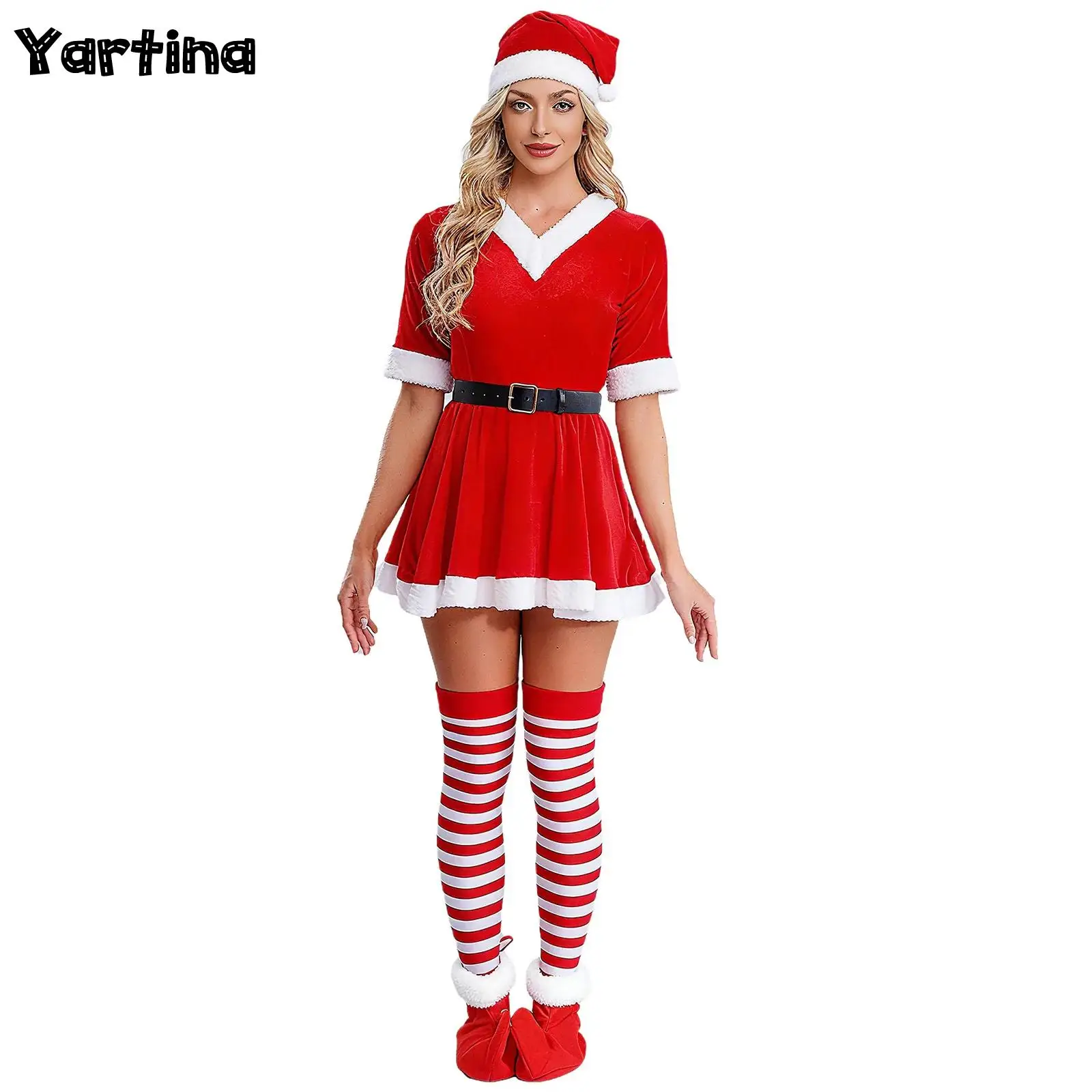

Womens Christmas Xmas Dresses Mrs Santa Claus Cosplay Costume Hooded New Year Dress Waist Belt Striped Stockings Hat And Shoes