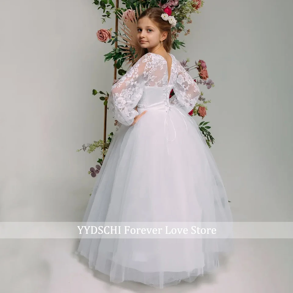 Customized Elegant Sparkling Pearls Beading Flower Girl Dress For Wedding 2024 Princess Lace Long Sleeves First Communion Gown