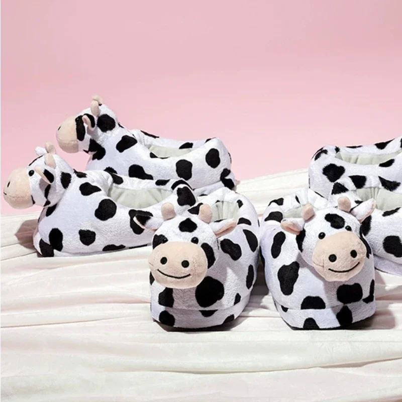 2023Cute Animal Slipper for Women Girls Kawaii Fluffy Winter Warm Slippers Woman Cartoon Milk Cow House Slippers Funny Shoes