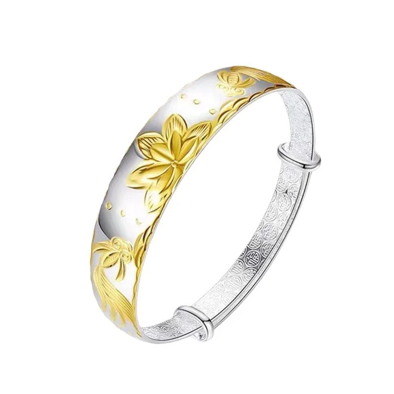 سوار من الفضة الإسترليني S999 عالي الجودة ، سوار كلاسيكي لوتس الحوت الذهبي للسيدات ، هدية للأم والزوجة ومجوهرات الجدة #6