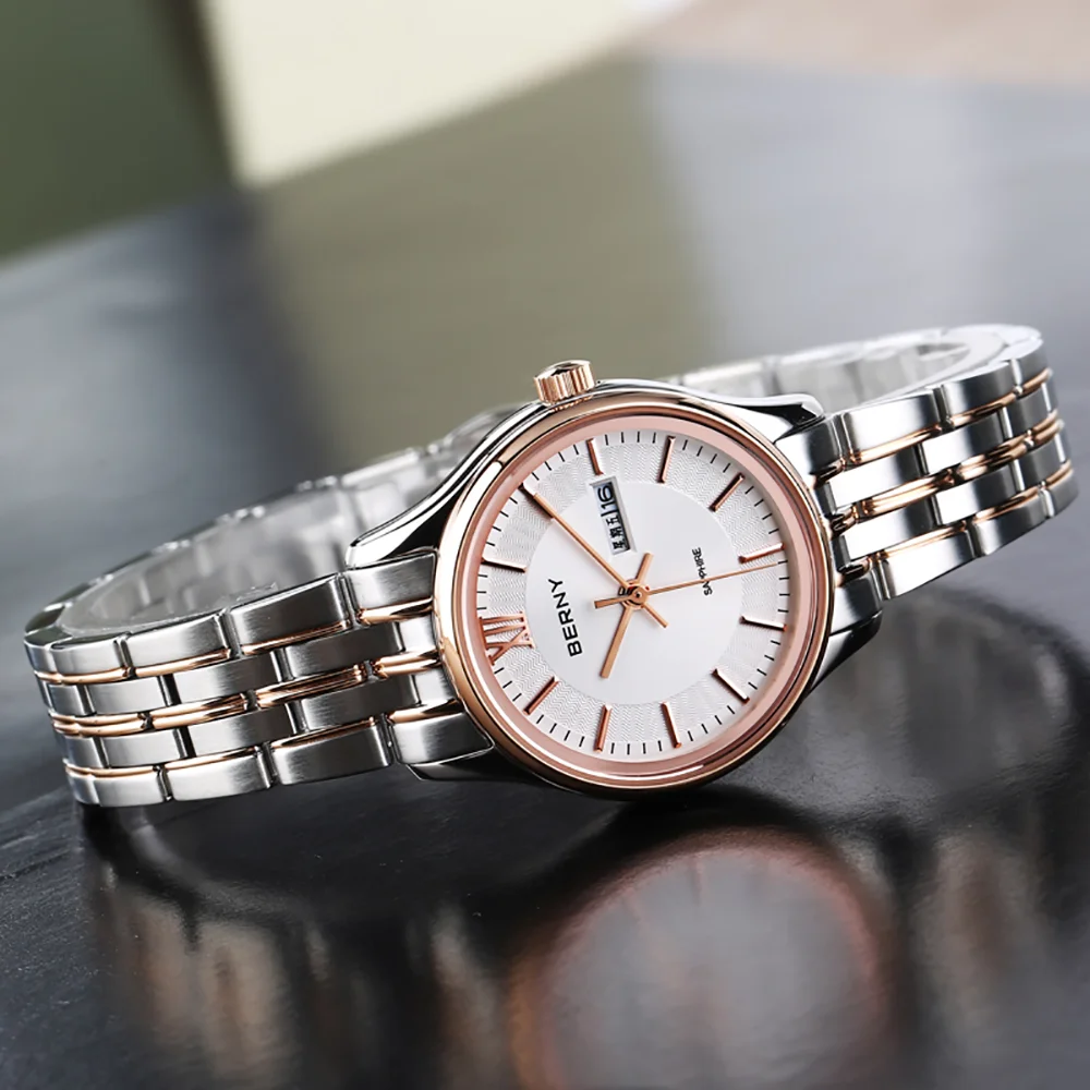 BERNY-reloj de cuarzo para mujer, pulsera de vestir de acero inoxidable, cristal de zafiro, fecha automática, resistente al agua, de lujo