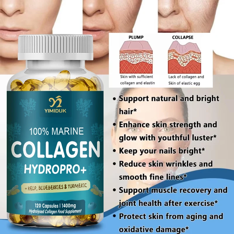 Powerful Marine Collagen - With Hyaluronic Acid, Biotin & Blueberry - 1400mg Complex-Hydrolyzed Type 1-With Vitamins & Minerals