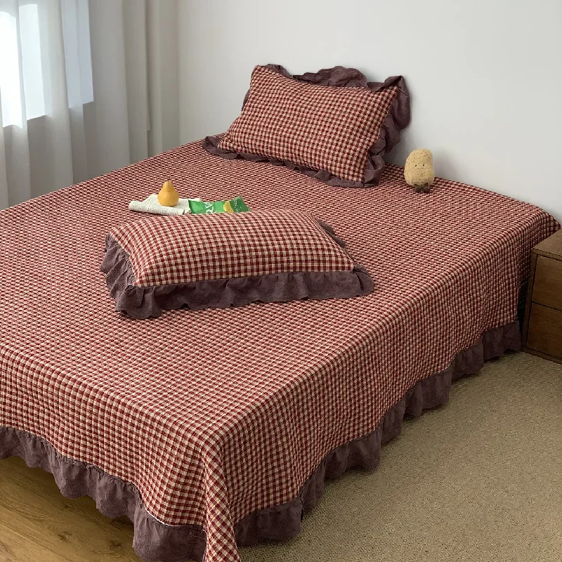 Vintage Lace Plaid Quilted Bedspread 3-Piece Set, 100% Cotton Filled Padded Quilt Coverlet,  Washed All-Season Bedding