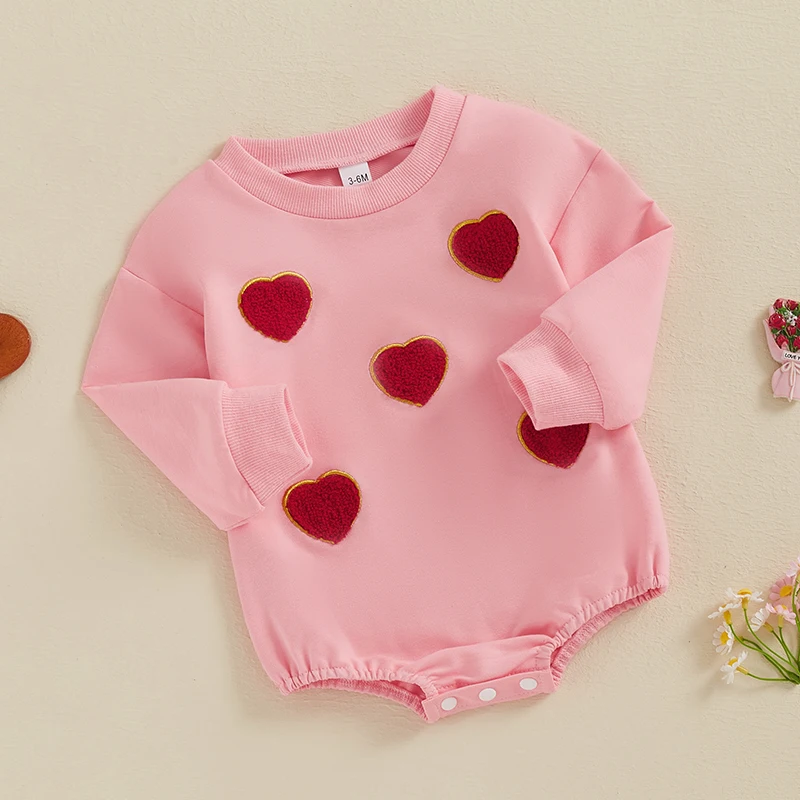 Baby Girl Valentine s Day Romper Heart Embroidery Long Sleeve Crew Neck Bubble Jumpsuit