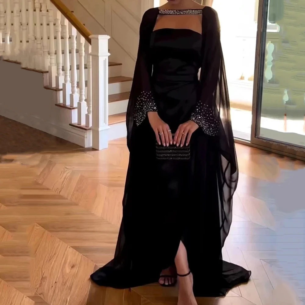 Customized Elegant Mermaid Black Evening Dresses With Chffion Shawl Strapless Beading Prom Gowns Sweep Train Floor-Length Cockta